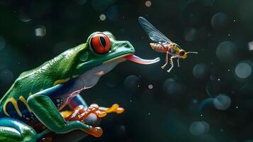 AI generated Red-Eyed Tree Frogs Captivating Aerial Predation Tongue Out to Catch a Wasp in Mid-Air photo