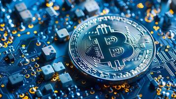 AI generated Bitcoin Logo on Circuit Board A Symbol of Digital Currency and Blockchain Technology photo