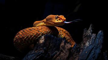 AI generated Fierce Copperhead Rattlesnake Shimmers with Vivid Orange Scales on a Dark Wooden Trunk photo