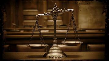 AI generated Ornamental Brass Scales of Impartiality Symbolizing Balanced Justice in a Dimly Lit Antique Courtroom photo