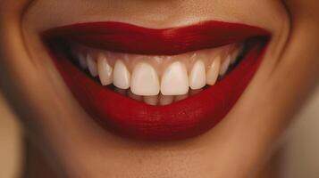 ai generado mujeres radiante sonrisa con vibrante rojo lápiz labial en macro belleza fotografía foto