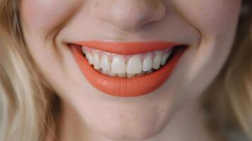 AI generated Womans Radiant Smile with White Teeth and Orange Lipstick photo