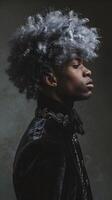 AI generated Modern Maverick in Black Velvet Jacket with Distinct Silver Afro Hairstyle Exuding Cool Attitude photo