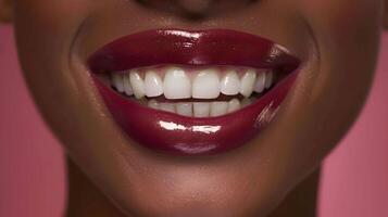 ai generado mujeres radiante sonrisa con ciruela lápiz labial y espumoso blanco dientes foto