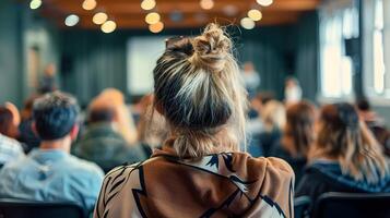 AI generated Blonde Woman Intently Listening in Conference Crowd photo