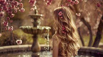 AI generated Blonde Girl Amidst Cherry Blossoms by Ornate Fountain in Spring Garden photo