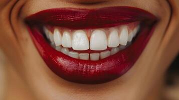 ai generado mujeres radiante sonrisa con profundo rojo lápiz labial en suave atención belleza fotografía foto