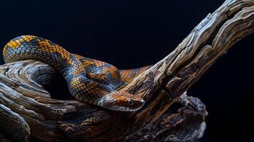 AI generated Orange and Black Rattlesnake Coiled on Driftwood with Vibrant Blue Accents photo