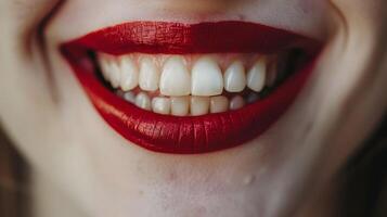 ai generado mujeres radiante sonrisa con profundo rojo lápiz labial en profesional de cerca foto