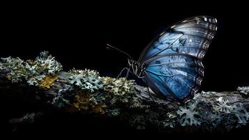 ai generado azul morfo mariposa en cubierto de líquenes rama en contra un negro fondo, a proporcionar un cautivador y alta calidad imagen de un azul morfo mariposa foto