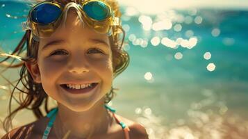 ai generado joven niña sonriente en nadando gafas de protección en el playa, a escaparate un alegre y animado joven niña disfrutando el verano temporada en el playa, capturar foto