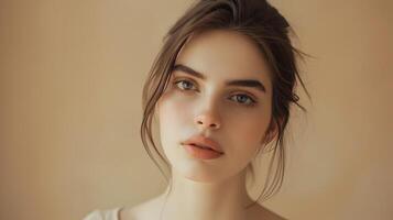 AI generated Tranquil Young Woman in Soft Beige Background, To convey a sense of relaxation and self-care through a high-quality portrait of a young woman photo