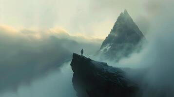 AI generated Solitary Explorer at Dawn on Ancient Mountain Overlooking Mysterious Fog-Shrouded Landscape photo