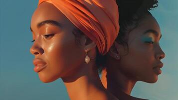 AI generated Dynamic Duo Two Women Embrace Their Individual Natural Grace and Skincare Journeys, To promote skincare products that cater to diverse skin types and photo