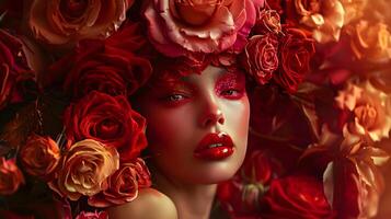 AI generated Arresting Individual with Rose Headdress, To showcase the unique and artistic beauty of an individual through the use of vibrant makeup and a floral photo