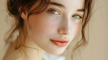 AI generated Elegant Young Woman with Sparkling Eyes and Soft Freckles, To showcase the beauty and elegance of young women for advertising, marketing, or personal photo