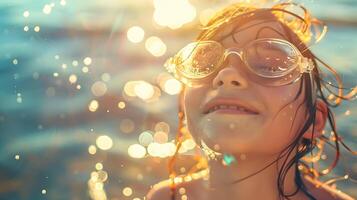 ai generado niña en Gafas de sol sonriente en el mar, a transmitir un sensación de alegría y felicidad, capturado en un alta calidad y artístico retrato de un joven niña foto