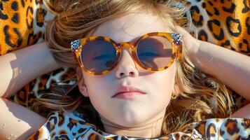ai generado niña vistiendo leopardo impresión Gafas de sol en cristal estilo, a transmitir un sentido de Moda y estilo, adecuado para moda, accesorio, y estilo de vida foto