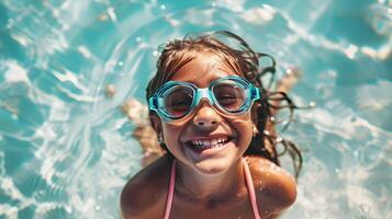 AI generated Girl in Pool Wearing Goggles and Smiling, To show the joy and freedom of summer vacation activities, specifically swimming in a pool photo