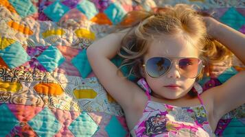 AI generated Little Girl Relaxing on Quilt in Dreamlike Hues, To convey a feeling of warmth, happiness, and tranquility, perfect for lifestyle, fashion, and photo