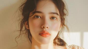 AI generated Beautiful Korean Woman in Soft Natural Lighting, To showcase the beauty and elegance of a young Korean woman in a serene and calming setting, photo