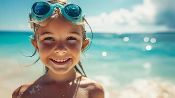 ai generado contento niña vistiendo gafas de protección en playa sonriente dentro cámara, a escaparate el alegría y felicidad de un niño durante un verano vacaciones por el mar foto