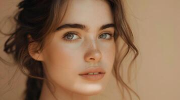 AI generated Attractive Woman in Close-Up Portrait with Gentle Smile, To showcase the natural beauty and elegance of a young woman, ideal for beauty, fashion, and photo