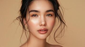 AI generated Asian Woman Radiant in Natural Makeup, This image is perfect for advertising or magazine cover designs that emphasize beauty, skincare, and natural photo