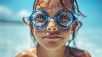 ai generado niña a el playa en nadando gafas de protección, a transmitir un sentido de alegría y energía asociado con agua ocupaciones y playa vacaciones foto