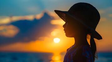 ai generado silueta de un joven niña en un Paja sombrero a atardecer, a transmitir un sentido de tranquilidad, belleza y juventud, Perfecto para viajar, naturaleza o estilo de vida foto