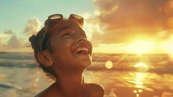 ai generado joven niña en nadando gafas de protección, playa y dorado hora, a capturar el alegría y libertad de un joven niña en el playa durante el dorado hora foto