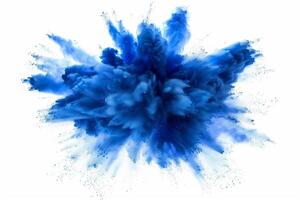 AI generated A dynamic and vibrant explosion of blue powder creating an abstract cloud, isolated on a white background, evoking a sense of motion and energy. photo