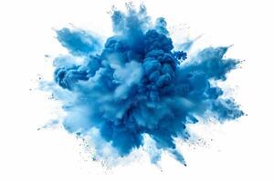 AI generated A dynamic and vibrant explosion of blue powder creating an abstract cloud, isolated on a white background, evoking a sense of motion and energy. photo