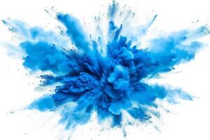 AI generated A dynamic and vibrant explosion of blue powder creating an abstract cloud, isolated on a white background, evoking a sense of motion and energy. photo