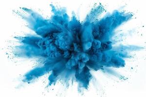 AI generated A dynamic and vibrant explosion of blue powder creating an abstract cloud, isolated on a white background, evoking a sense of motion and energy. photo