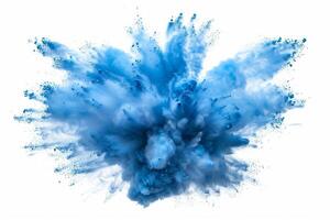 AI generated A dynamic and vibrant explosion of blue powder creating an abstract cloud, isolated on a white background, evoking a sense of motion and energy. photo