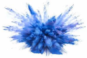 AI generated A dynamic and vibrant explosion of blue powder creating an abstract cloud, isolated on a white background, evoking a sense of motion and energy. photo