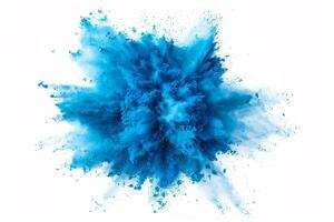 AI generated A dynamic and vibrant explosion of blue powder creating an abstract cloud, isolated on a white background, evoking a sense of motion and energy. photo