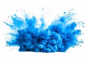 AI generated A dynamic and vibrant explosion of blue powder creating an abstract cloud, isolated on a white background, evoking a sense of motion and energy. photo