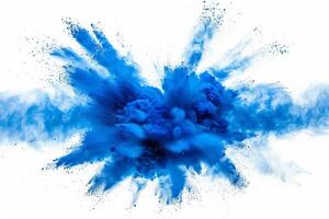 AI generated A dynamic and vibrant explosion of blue powder creating an abstract cloud, isolated on a white background, evoking a sense of motion and energy. photo