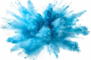 AI generated A dynamic and vibrant explosion of blue powder creating an abstract cloud, isolated on a white background, evoking a sense of motion and energy. photo