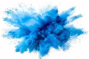 AI generated A dynamic and vibrant explosion of blue powder creating an abstract cloud, isolated on a white background, evoking a sense of motion and energy. photo