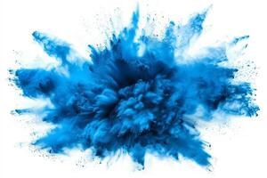 AI generated A dynamic and vibrant explosion of blue powder creating an abstract cloud, isolated on a white background, evoking a sense of motion and energy. photo