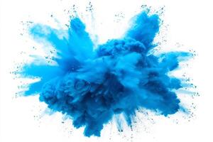 AI generated A dynamic and vibrant explosion of blue powder creating an abstract cloud, isolated on a white background, evoking a sense of motion and energy. photo