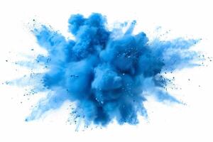 AI generated A dynamic and vibrant explosion of blue powder creating an abstract cloud, isolated on a white background, evoking a sense of motion and energy. photo