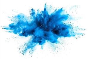 AI generated A dynamic and vibrant explosion of blue powder creating an abstract cloud, isolated on a white background, evoking a sense of motion and energy. photo