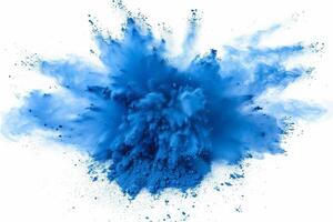 AI generated A dynamic and vibrant explosion of blue powder creating an abstract cloud, isolated on a white background, evoking a sense of motion and energy. photo