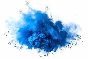 AI generated A dynamic and vibrant explosion of blue powder creating an abstract cloud, isolated on a white background, evoking a sense of motion and energy. photo