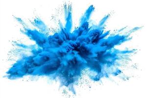 AI generated A dynamic and vibrant explosion of blue powder creating an abstract cloud, isolated on a white background, evoking a sense of motion and energy. photo