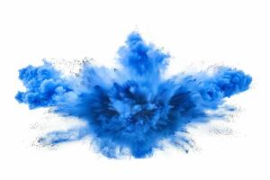 AI generated A dynamic and vibrant explosion of blue powder creating an abstract cloud, isolated on a white background, evoking a sense of motion and energy. photo